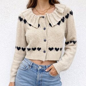 Love Tree Heart Knit Ruffle Collar Cropped Y2K Cottagecore Cardigan Sweater S